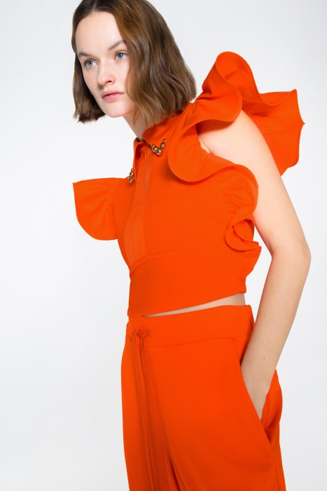 Gizia Orange Crop Blouse With Flywheel Sleeve Detail Embroidered Hidden Zipper. 2 Gizia Orange Crop Blouse With Flywheel Sleeve Detail Embroidered Hidden Zipper. 2