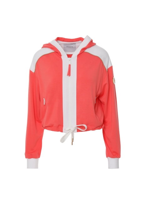 Gizia Coral Color Hooded Sweatshirt With Zipper Pocket Detail. 5