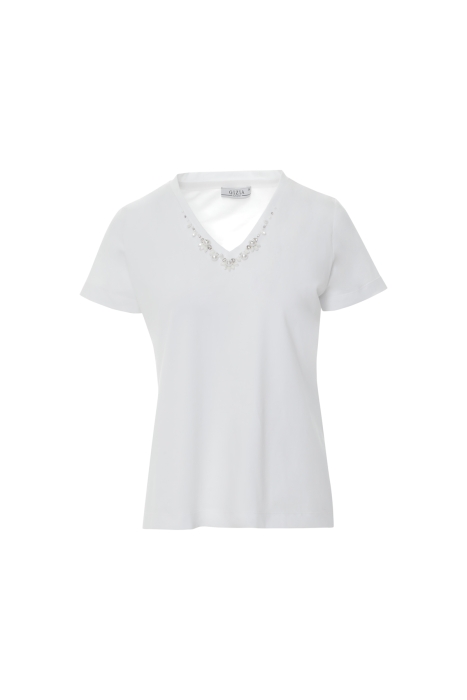 Gizia V-Neck Basic White Tshirt With Collar Embroidery Detail. 4