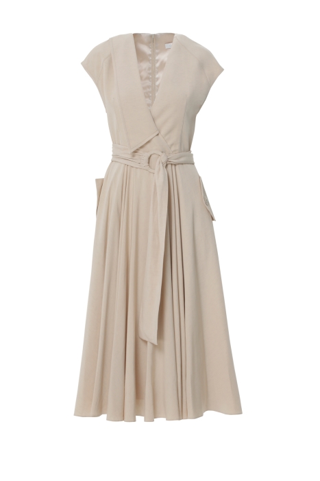 Gizia Beige Dress With Asymmetric Collar With Embroidered Button Detail. 4