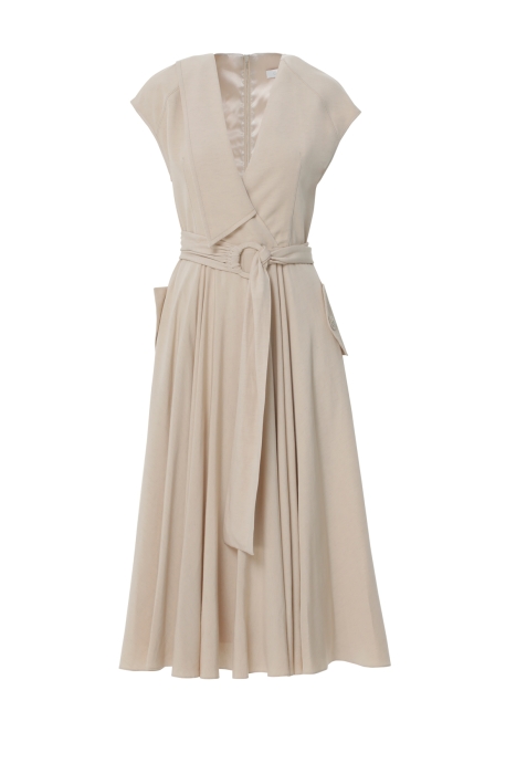Gizia Beige Dress With Asymmetric Collar With Embroidered Button Detail. 4 Gizia Beige Dress With Asymmetric Collar With Embroidered Button Detail. 4
