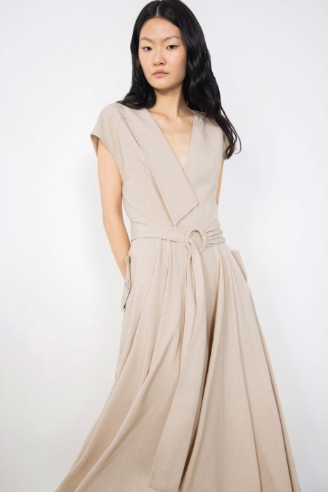 Gizia Beige Dress With Asymmetric Collar With Embroidered Button Detail. 1 Gizia Beige Dress With Asymmetric Collar With Embroidered Button Detail. 1