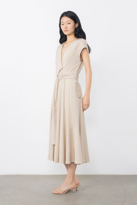 Gizia Beige Dress With Asymmetric Collar With Embroidered Button Detail. 2