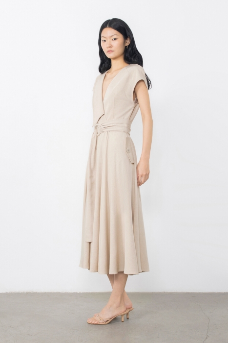 Gizia Beige Dress With Asymmetric Collar With Embroidered Button Detail. 2 Gizia Beige Dress With Asymmetric Collar With Embroidered Button Detail. 2