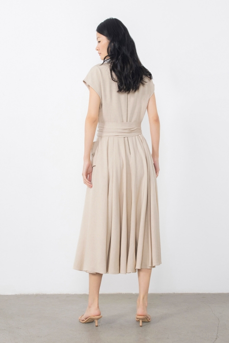 Gizia Beige Dress With Asymmetric Collar With Embroidered Button Detail. 3