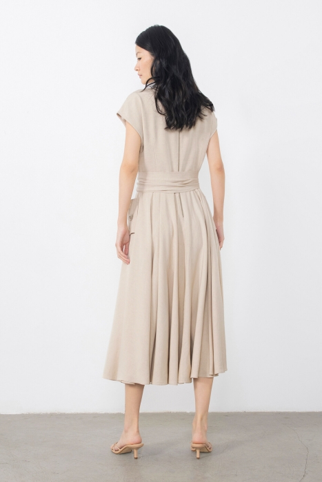 Gizia Beige Dress With Asymmetric Collar With Embroidered Button Detail. 3 Gizia Beige Dress With Asymmetric Collar With Embroidered Button Detail. 3
