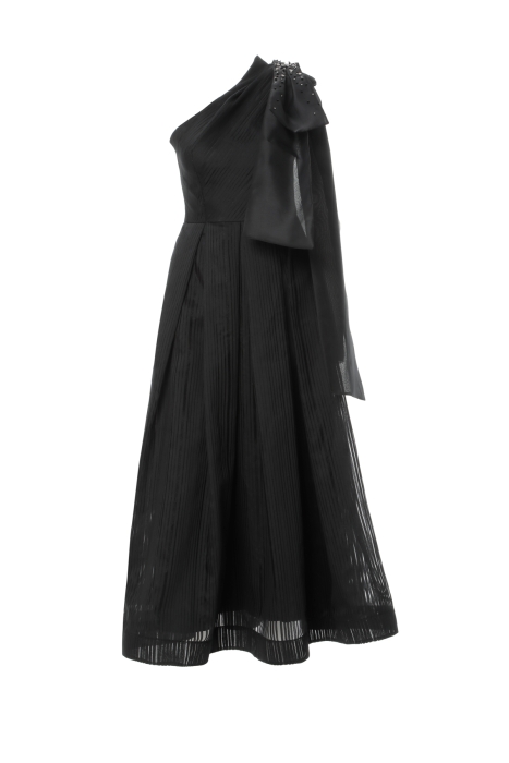 Gizia One Shoulder Asymmetrical Black Dress With Embroidered Bow Detail. 4