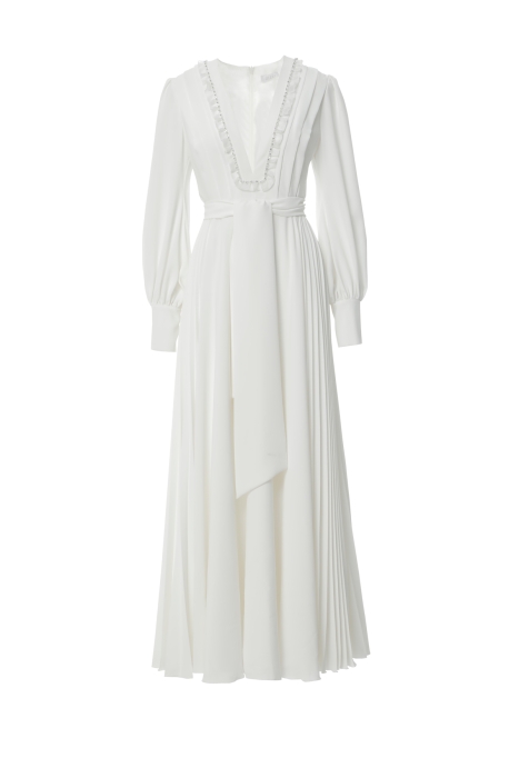 Gizia Embroidered Pleated Ecru Dress With Collar Detail. 4