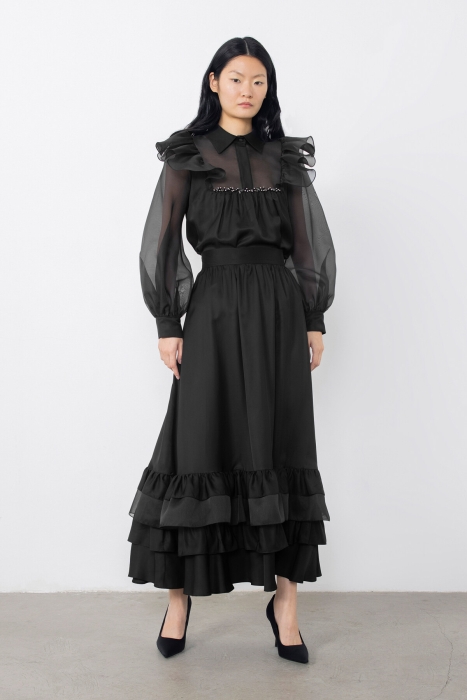Gizia Black Skirt With Ruffled Organza Detail. 1