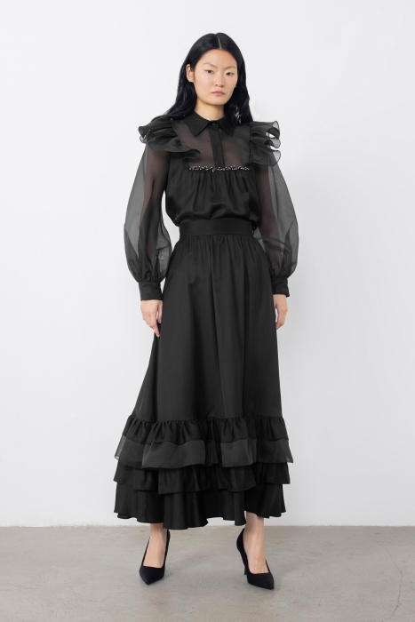 Gizia Black Skirt With Ruffled Organza Detail. 1 Gizia Black Skirt With Ruffled Organza Detail. 1