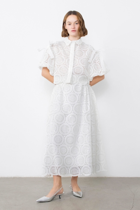 Gizia Embroidered Ecru Lace Shirt with Bow Detail On the Shoulders. 1