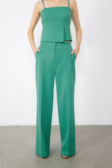 Gizia Green Trousers with Gold Button Detail Flato Pockets. 2