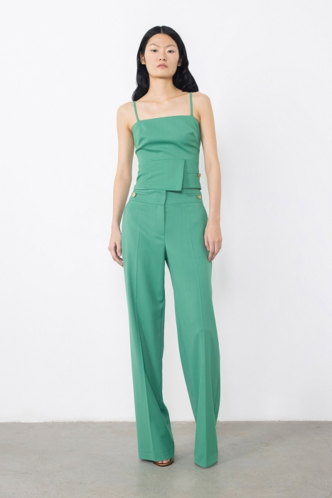 Gizia Green Trousers with Gold Button Detail Flato Pockets. 1