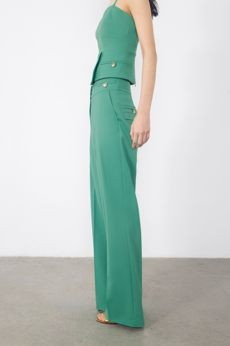 Gizia Green Trousers with Gold Button Detail Flato Pockets. 3