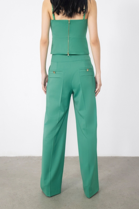 Gizia Green Trousers with Gold Button Detail Flato Pockets. 4
