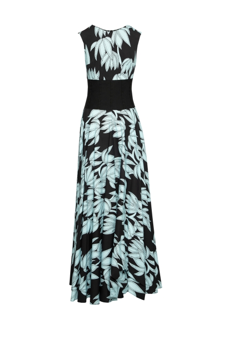 Gizia Blue Maxi Dress with Floral Pattern and Bodice Detail. 1