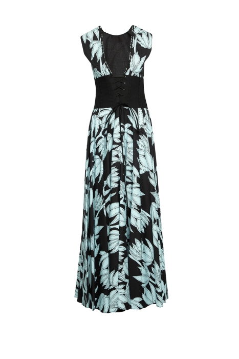 Gizia Blue Maxi Dress with Floral Pattern and Bodice Detail. 2
