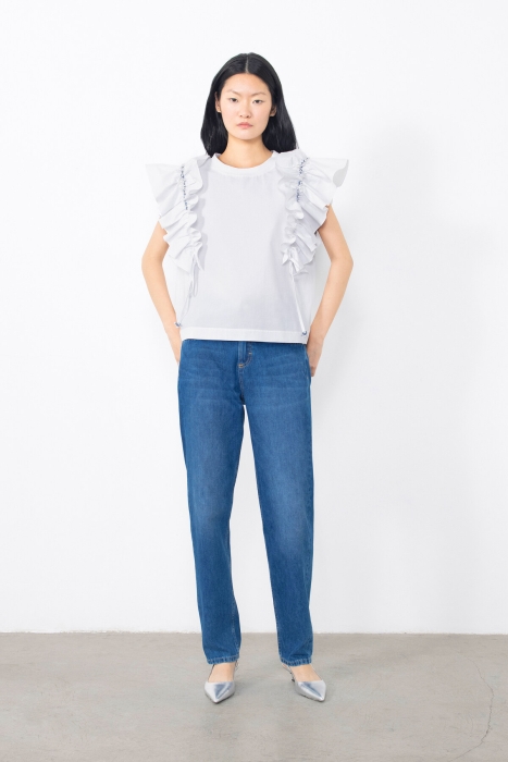 Gizia Embroidered White Blouse With Ruffled Lace Detail. 1