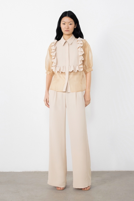Gizia Beige Trousers with Pleated Ribbed Fronts. 1
