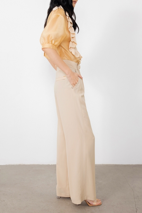 Gizia Beige Trousers with Pleated Ribbed Fronts. 3