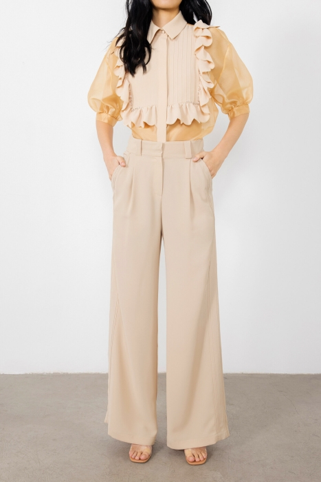 Gizia Beige Trousers with Pleated Ribbed Fronts. 2