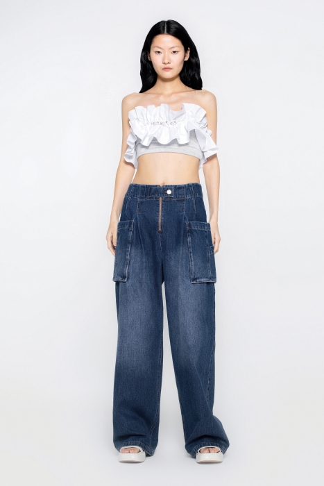 Gizia Grey Crop Top With Embroidered Ruffle Detail Back Zipper. 1