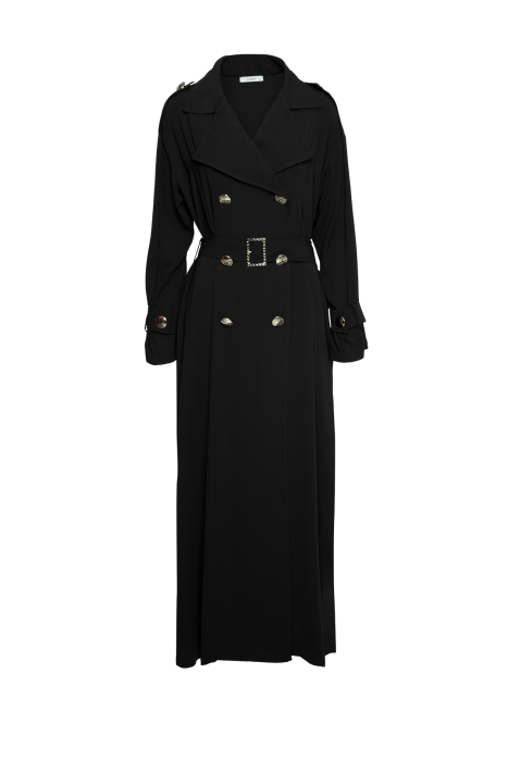 Gizia Comfortable Cut Black Trench Coat with Slits in the Form of a Kimono. 1
