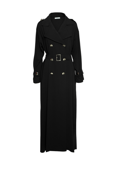 Gizia Comfortable Cut Black Trench Coat with Slits in the Form of a Kimono. 1 Gizia Comfortable Cut Black Trench Coat with Slits in the Form of a Kimono. 1