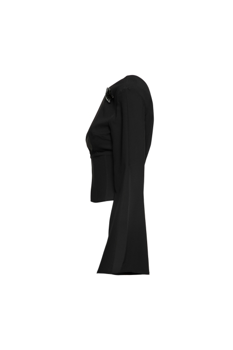 Gizia Black Blouse with Low Cut Back and Floral Brooch. 2 Gizia Black Blouse with Low Cut Back and Floral Brooch. 2