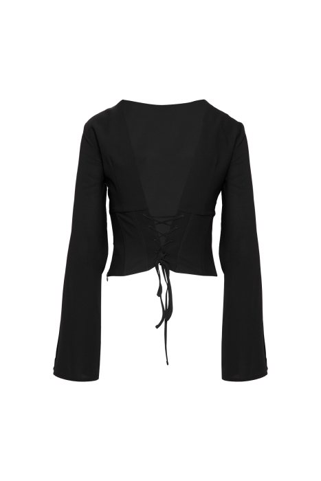 Gizia Black Blouse with Low Cut Back and Floral Brooch. 3