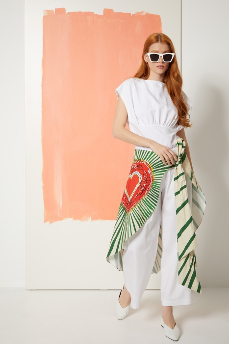 Gizia Printed Poplin White Trousers with Pareo Detail. 1