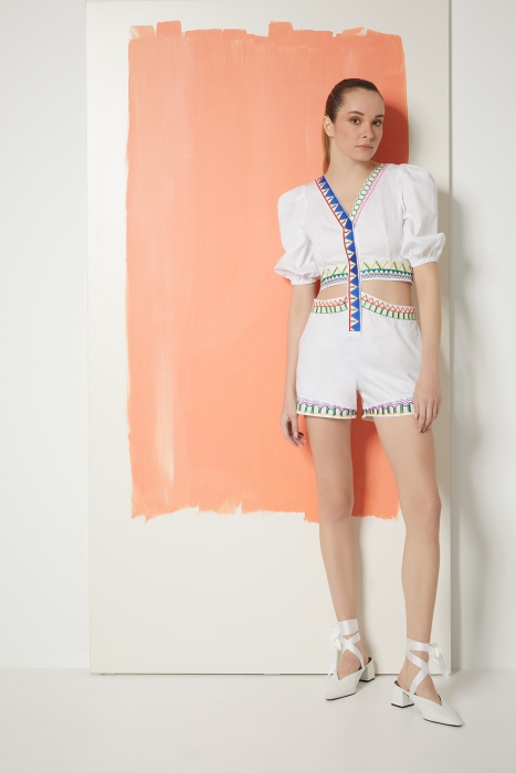 Gizia Embroidered Poplin Mini White Jumpsuit. 1
