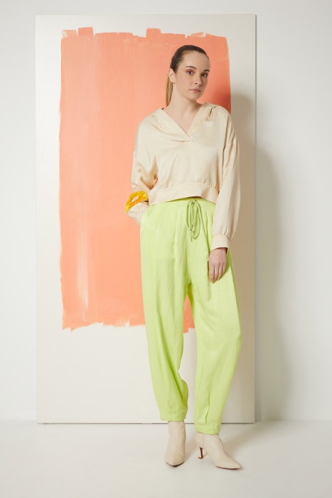 Gizia Shirred Green Baggy Trousers. 1