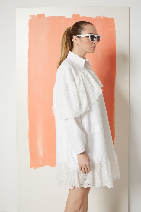 Gizia Asimetrik Dantel Detaylı Poplin Beyaz Gömlek Elbise. 2
