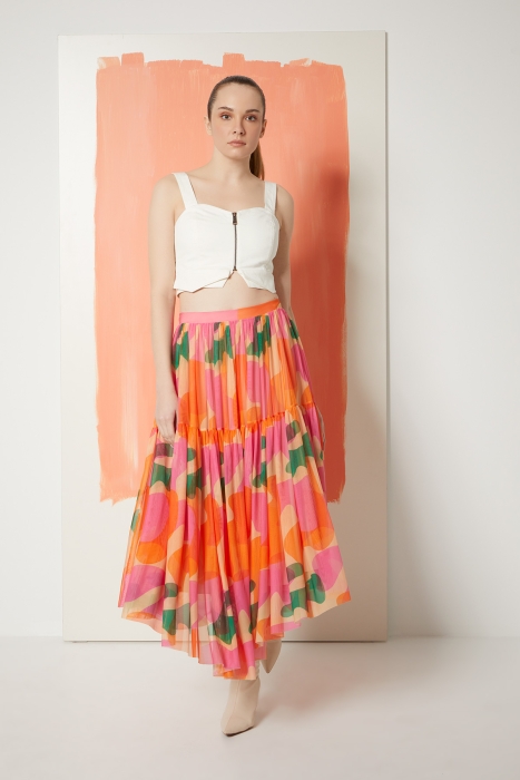 Gizia Patterned Asymmetric Shirred Fuchsia Skirt. 1