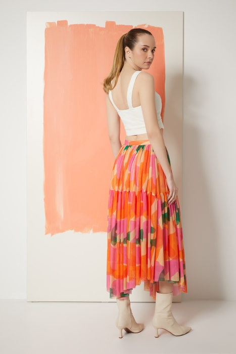 Gizia Patterned Asymmetric Shirred Fuchsia Skirt. 2