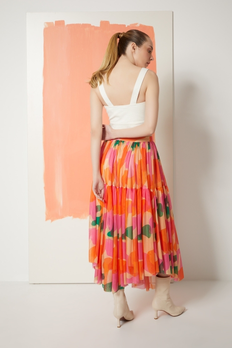 Gizia Patterned Asymmetric Shirred Fuchsia Skirt. 3