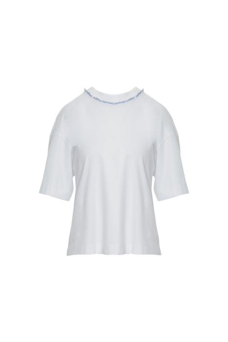 Gizia White Tshirt with Embroidered Collar with Shirring Detail. 5