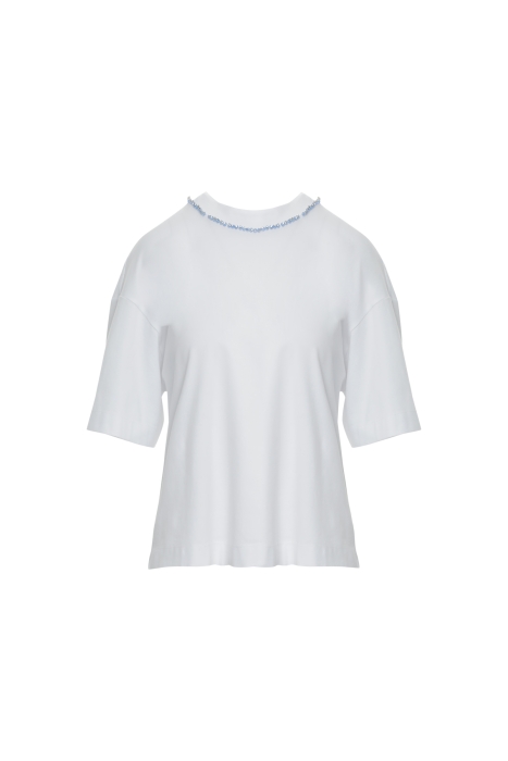 Gizia White Tshirt with Embroidered Collar with Shirring Detail. 5 Gizia White Tshirt with Embroidered Collar with Shirring Detail. 5