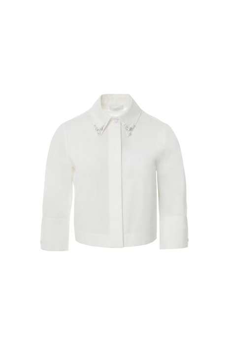 Gizia Short Ecru Shirt With Embroidered Collar and Sleeve Detail. 5