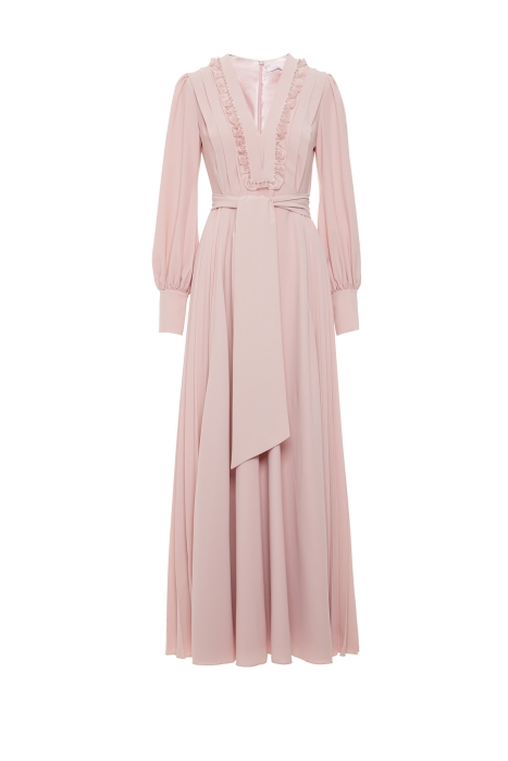 Gizia Embroidered Pleated Pink Dress With Collar Detail. 1