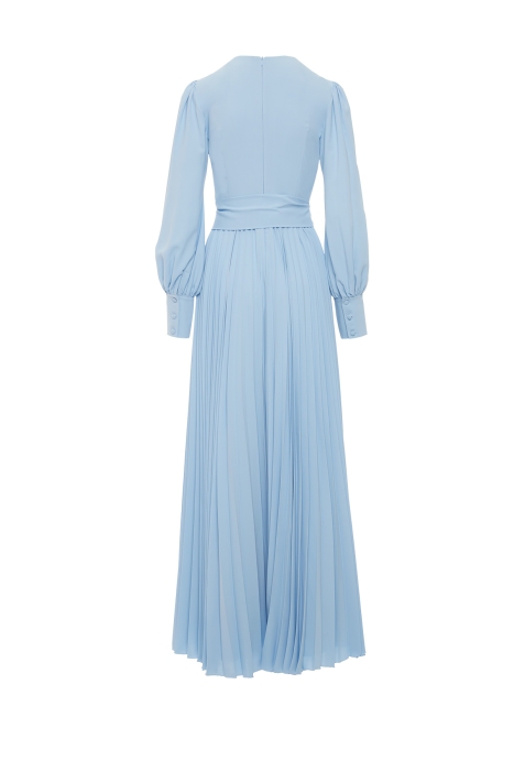 Gizia Embroidered Pleated Blue Dress With Collar Detail. 3