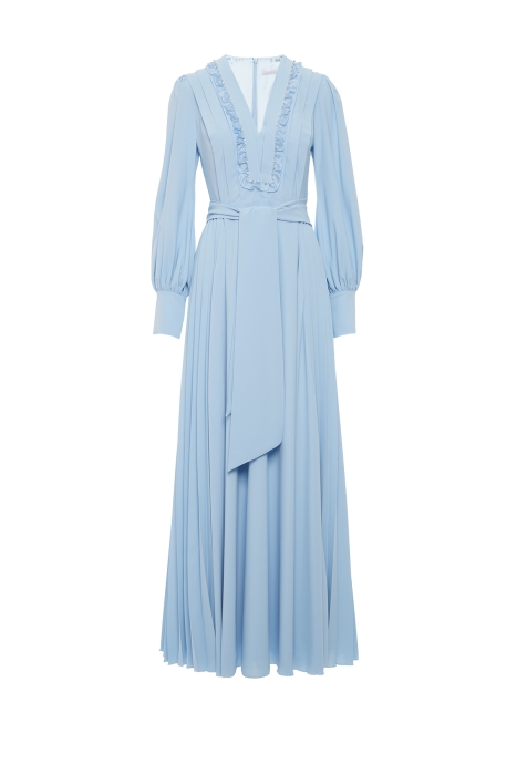 Gizia Embroidered Pleated Blue Dress With Collar Detail. 1