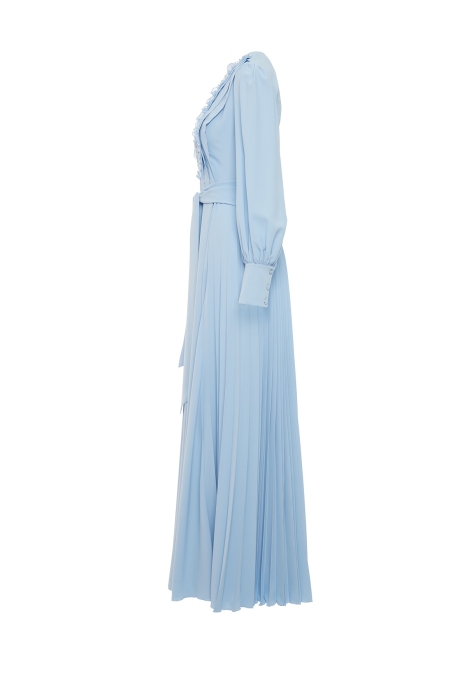 Gizia Embroidered Pleated Blue Dress With Collar Detail. 2