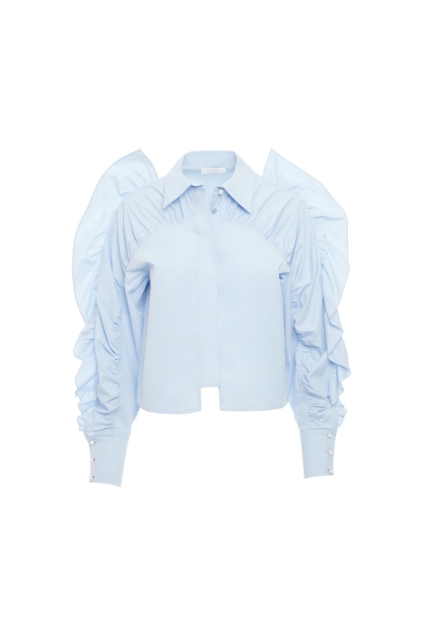 Gizia Blue Shirt With Pearl Buttons With Ruffles And Shirred Sleeves. 1