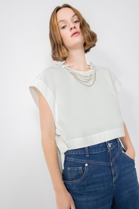 Gizia Ecru Blouse With Side Binding Detail With Necklace Accessories. 1