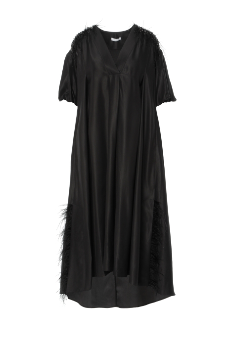 Gizia Black Dress with Feather Accessories Embroidered on the Shoulders. 4