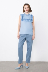 Gizia Blue Blouse With Ruffled Embroidery Detail. 3 Gizia Blue Blouse With Ruffled Embroidery Detail. 3