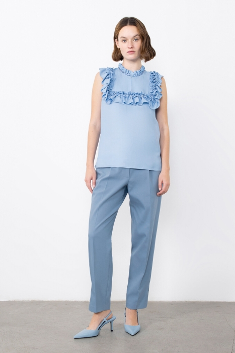 Gizia Blue Blouse With Ruffled Embroidery Detail. 1