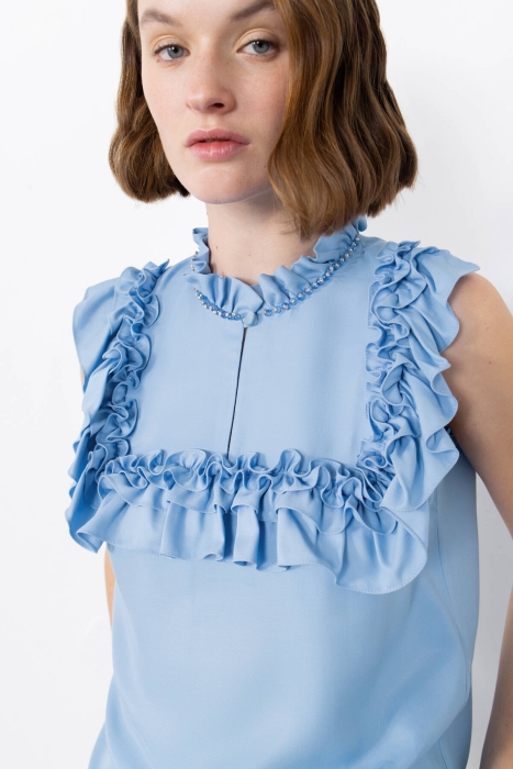 Gizia Blue Blouse With Ruffled Embroidery Detail. 2 Gizia Blue Blouse With Ruffled Embroidery Detail. 2